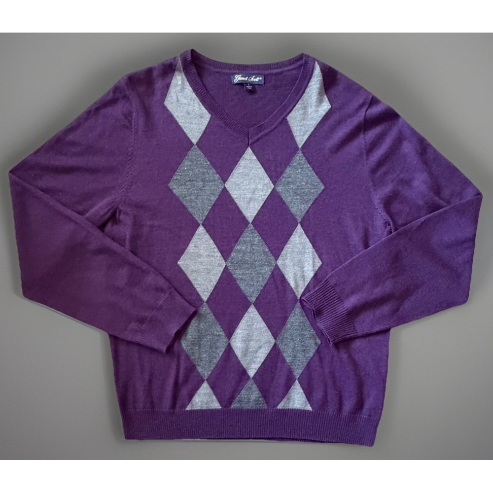 Garret Scott Long Sleeve V-Neck Sweater Purple Argyle Diamond Wool Large JBHS